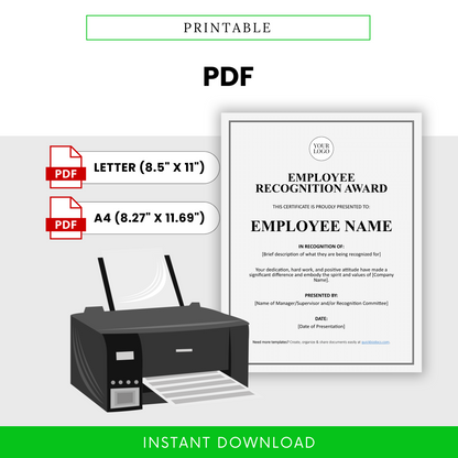 Printable employee recognition certificate PDF in letter and A4 sizes, clean professional design, ready for instant printing, ideal for staff awards and appreciation