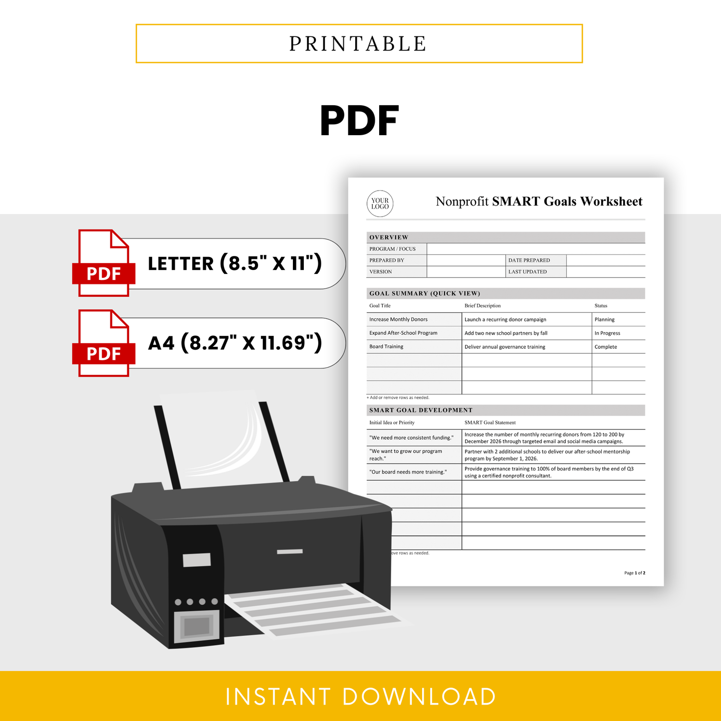 Printable nonprofit SMART goals worksheet PDF in US Letter and A4 sizes, designed for easy printing and structured goal planning