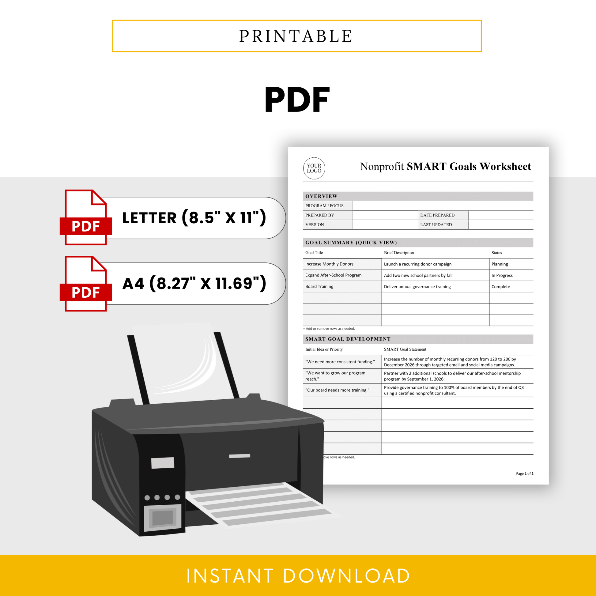 Printable nonprofit SMART goals worksheet PDF in US Letter and A4 sizes, designed for easy printing and structured goal planning