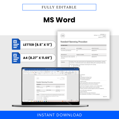 MS Word document SOP template on a laptop screen with paper displaying a standard operating procedure.