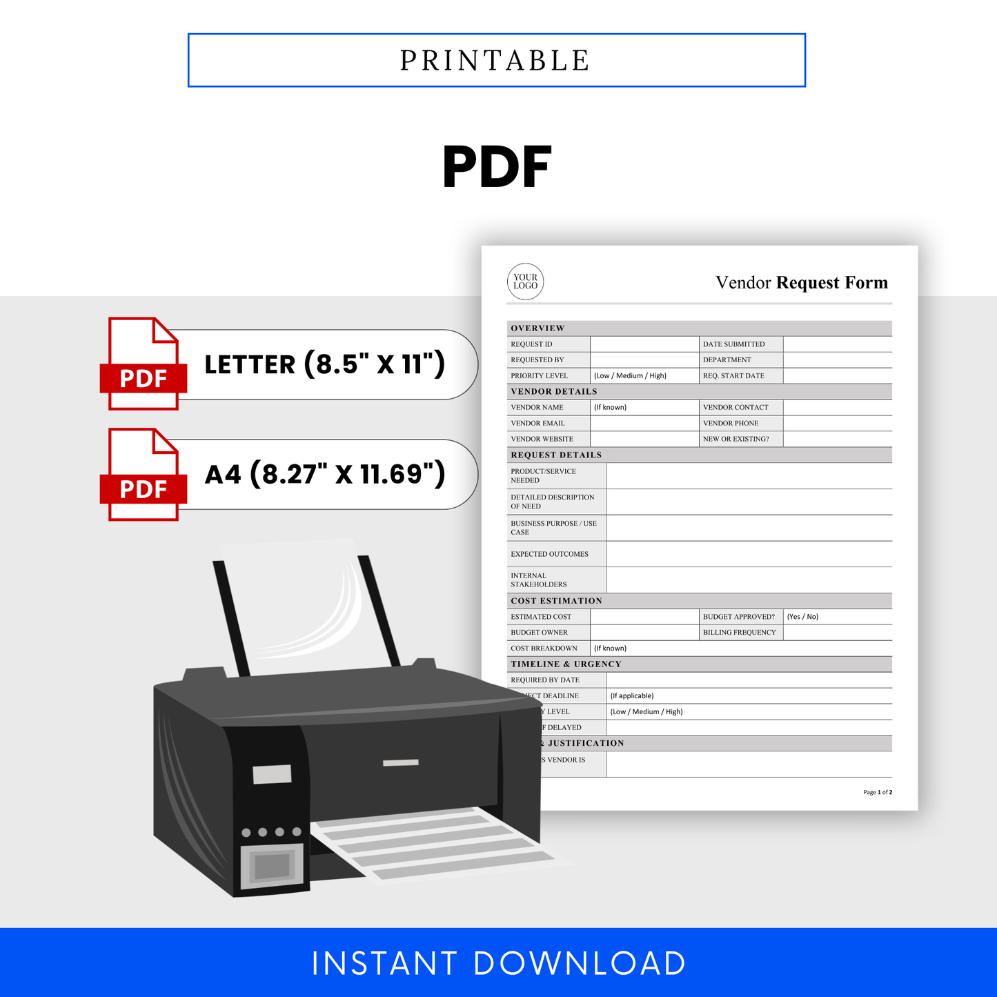 Printable Vendor Request Form template in PDF format with US Letter and A4 sizes, perfect for office use, documentation, and streamlined vendor management.