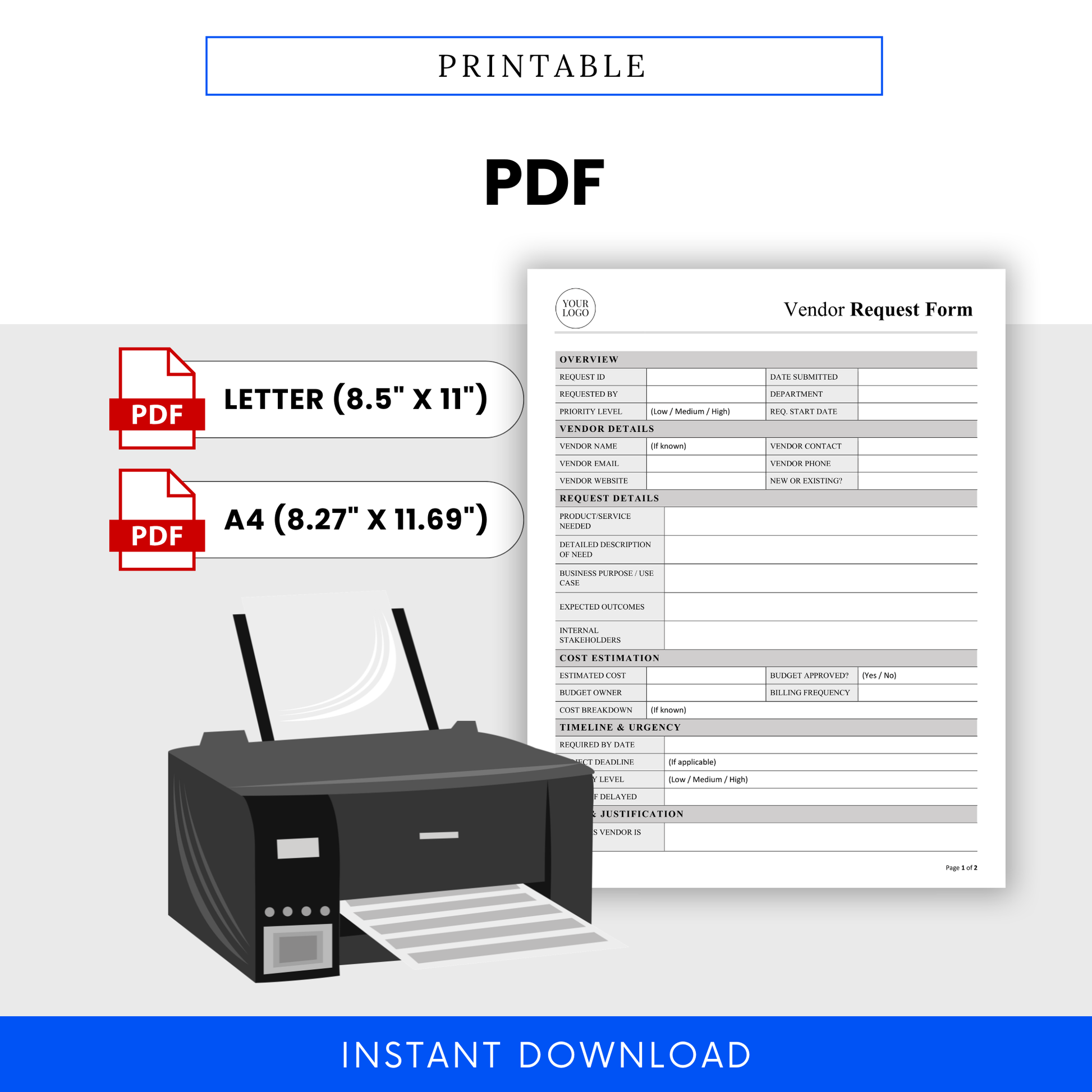 Printable Vendor Request Form template in PDF format with US Letter and A4 sizes, perfect for office use, documentation, and streamlined vendor management.