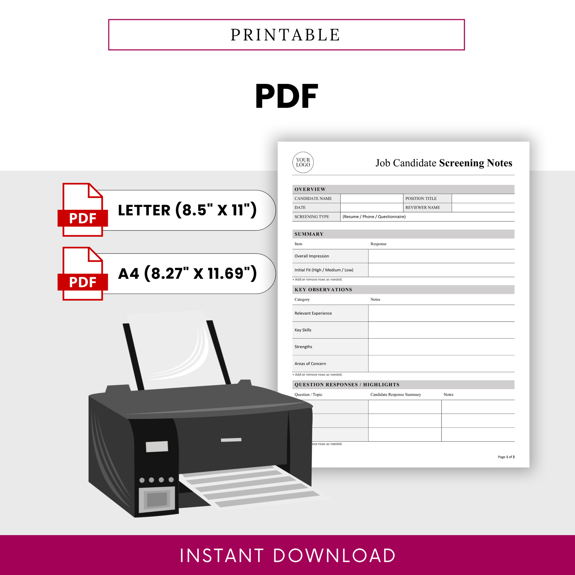 Printable job candidate screening notes template in PDF format designed for easy printing in US Letter and A4 sizes, perfect for recruiters and hiring managers conducting interviews