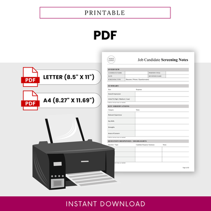 Printable job candidate screening notes template in PDF format designed for easy printing in US Letter and A4 sizes, perfect for recruiters and hiring managers conducting interviews