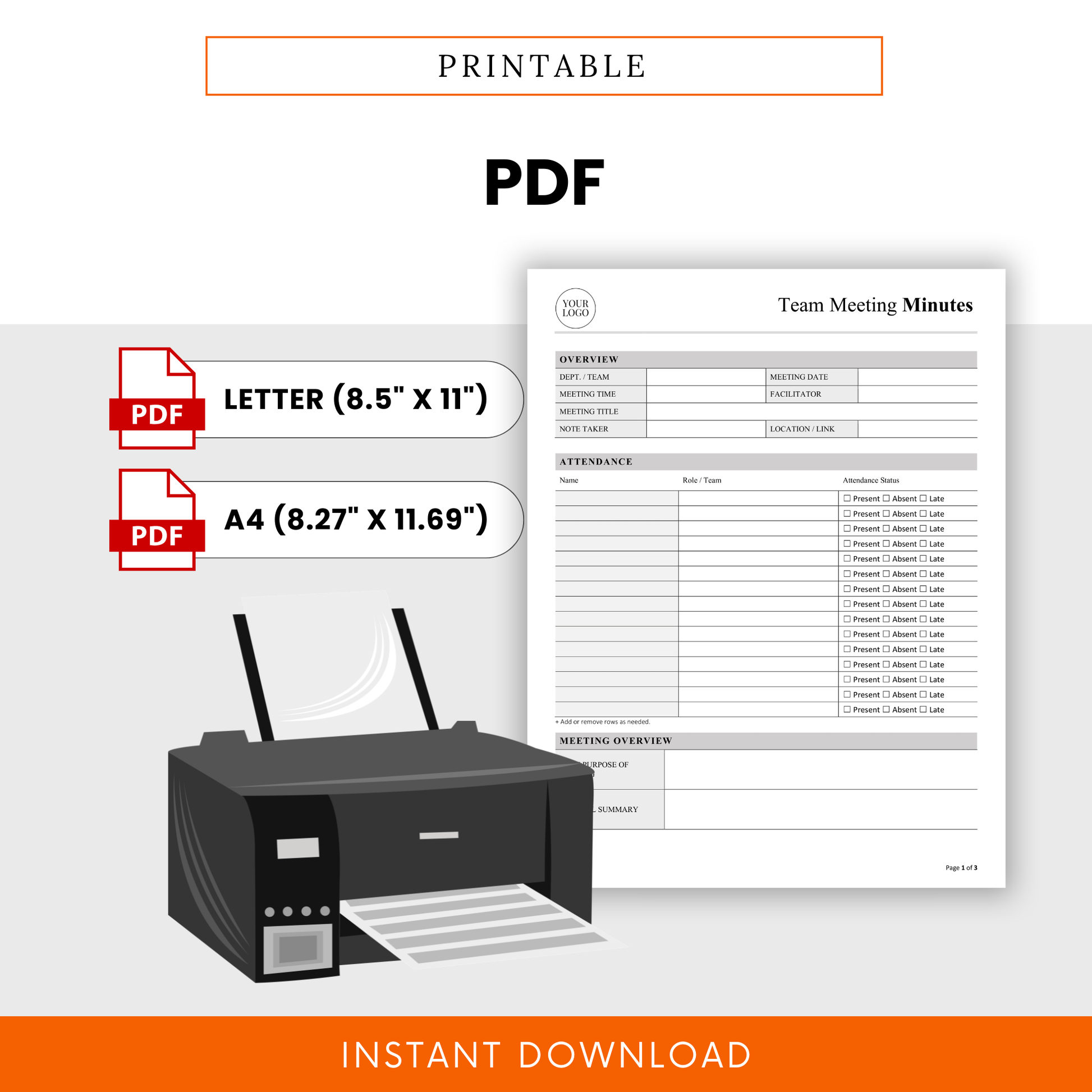 Printable team meeting minutes template in PDF format with letter and A4 sizes, ideal for easy printing and manual note-taking