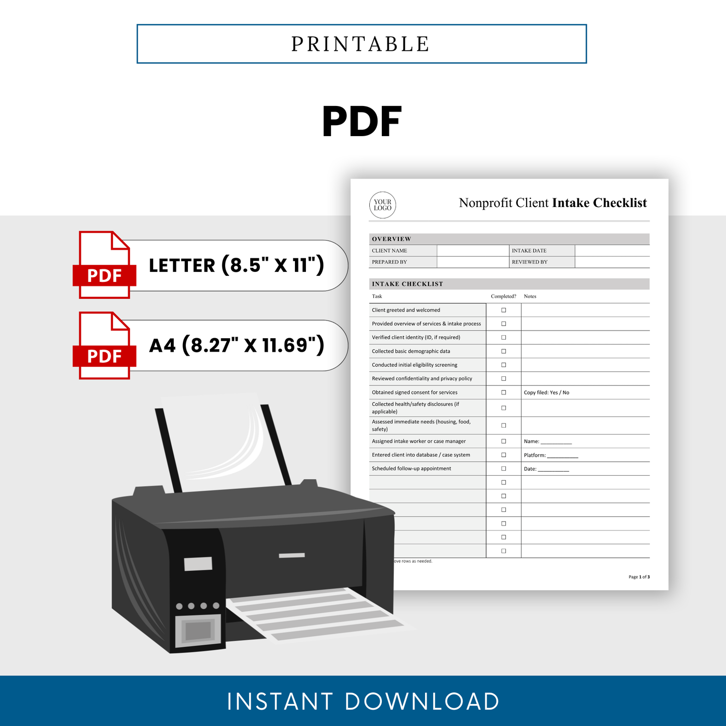 Printable nonprofit intake checklist template in PDF format, optimized for clean printing in US Letter and A4 sizes with structured checklist and notes sections