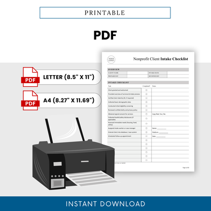 Printable nonprofit intake checklist template in PDF format, optimized for clean printing in US Letter and A4 sizes with structured checklist and notes sections
