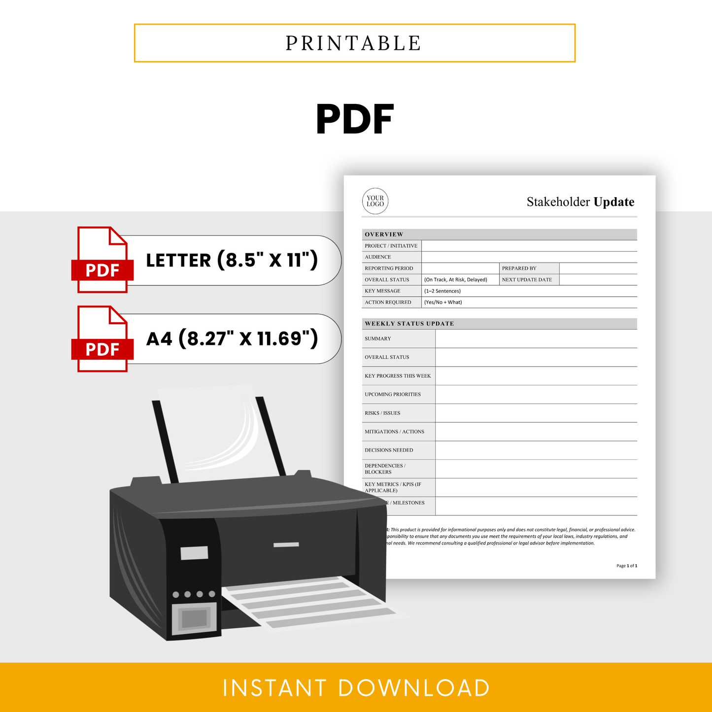 Printable stakeholder update template in PDF format with Letter and A4 sizes, clean professional layout for reporting and presentations