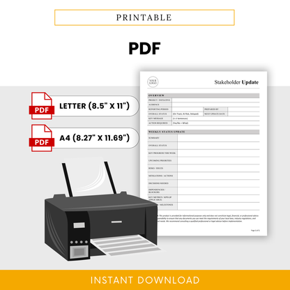 Printable stakeholder update template in PDF format with Letter and A4 sizes, clean professional layout for reporting and presentations