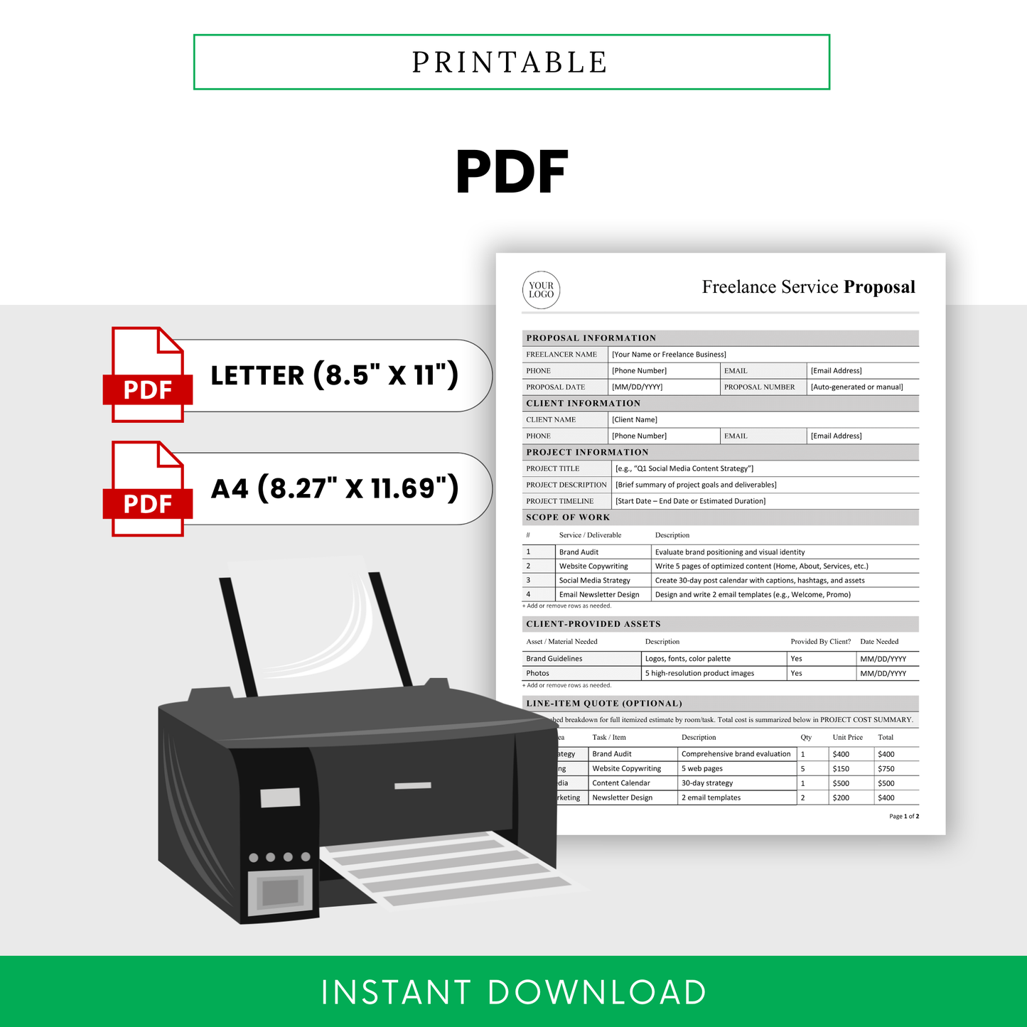 Printable freelance proposal template PDF format in US Letter and A4 sizes, clean professional layout for client presentations, easy to print and use instantly