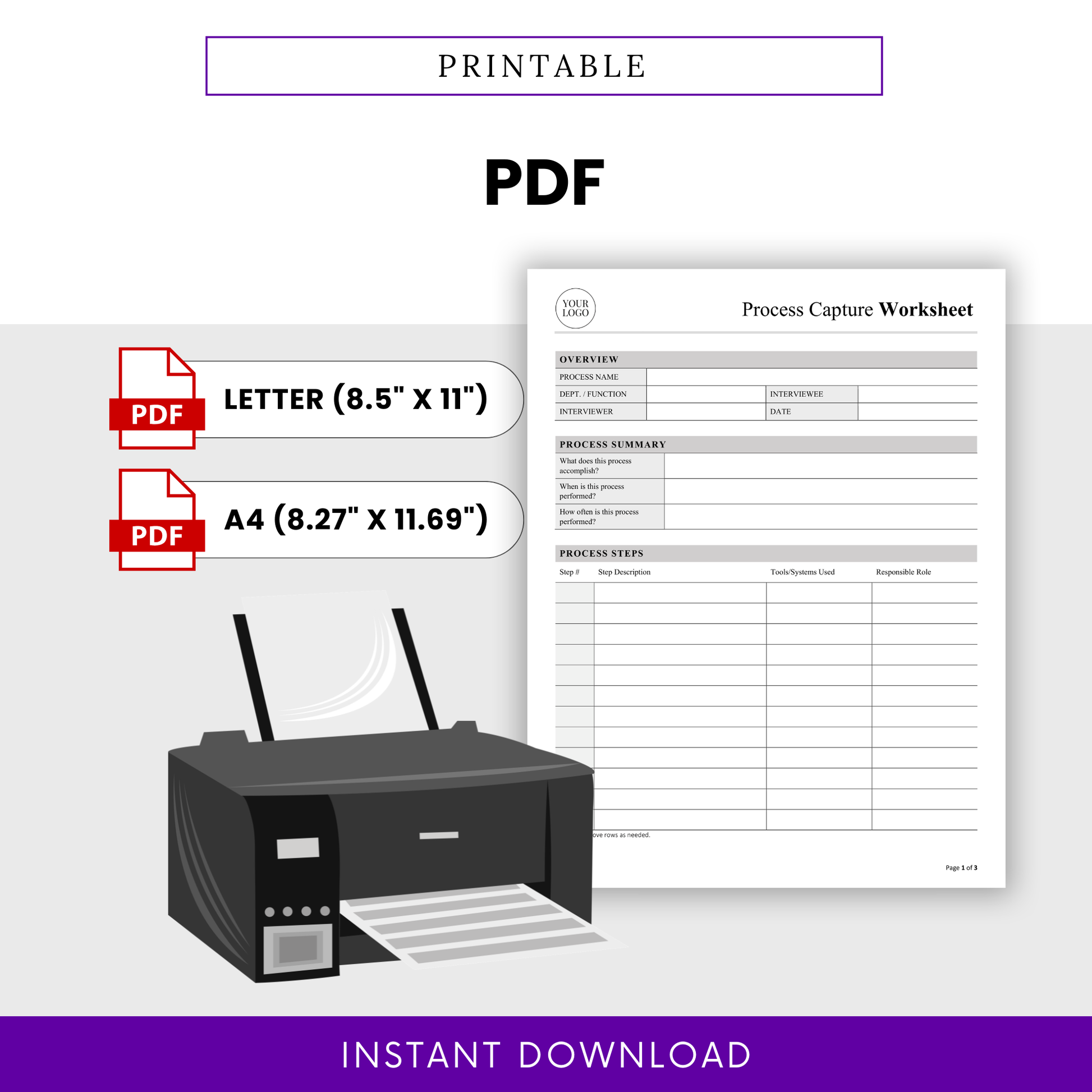 printable process capture worksheet PDF, workflow documentation template printable, business process planner PDF, instant download worksheet