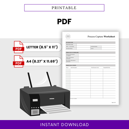 printable process capture worksheet PDF, workflow documentation template printable, business process planner PDF, instant download worksheet