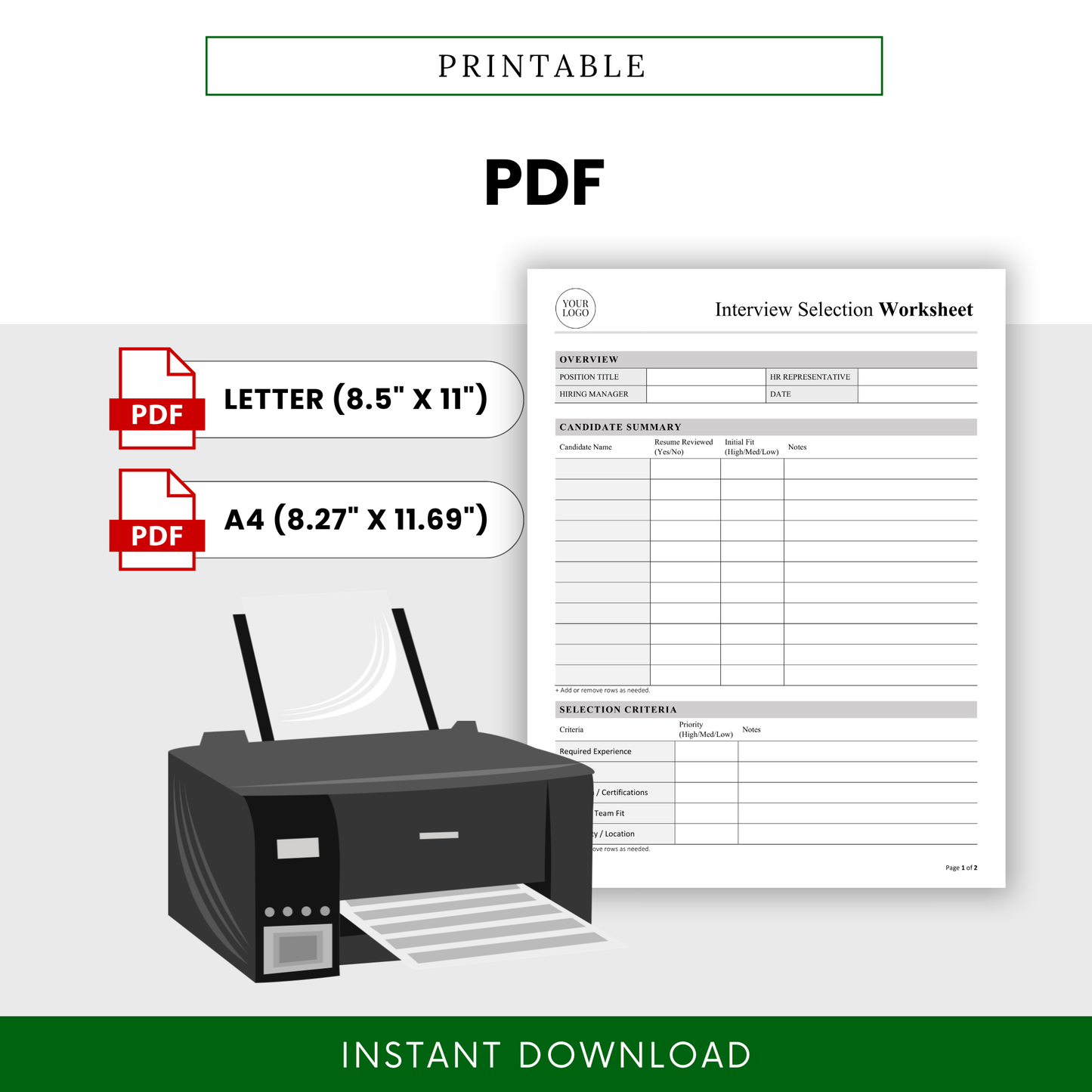 Printable interview selection worksheet PDF template with letter and A4 sizes, professional hiring form for recruiters, easy-to-print candidate evaluation and interview planning document