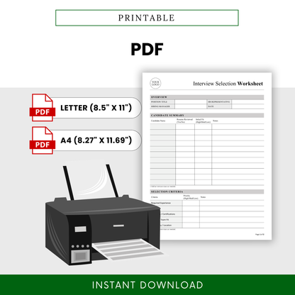Printable interview selection worksheet PDF template with letter and A4 sizes, professional hiring form for recruiters, easy-to-print candidate evaluation and interview planning document