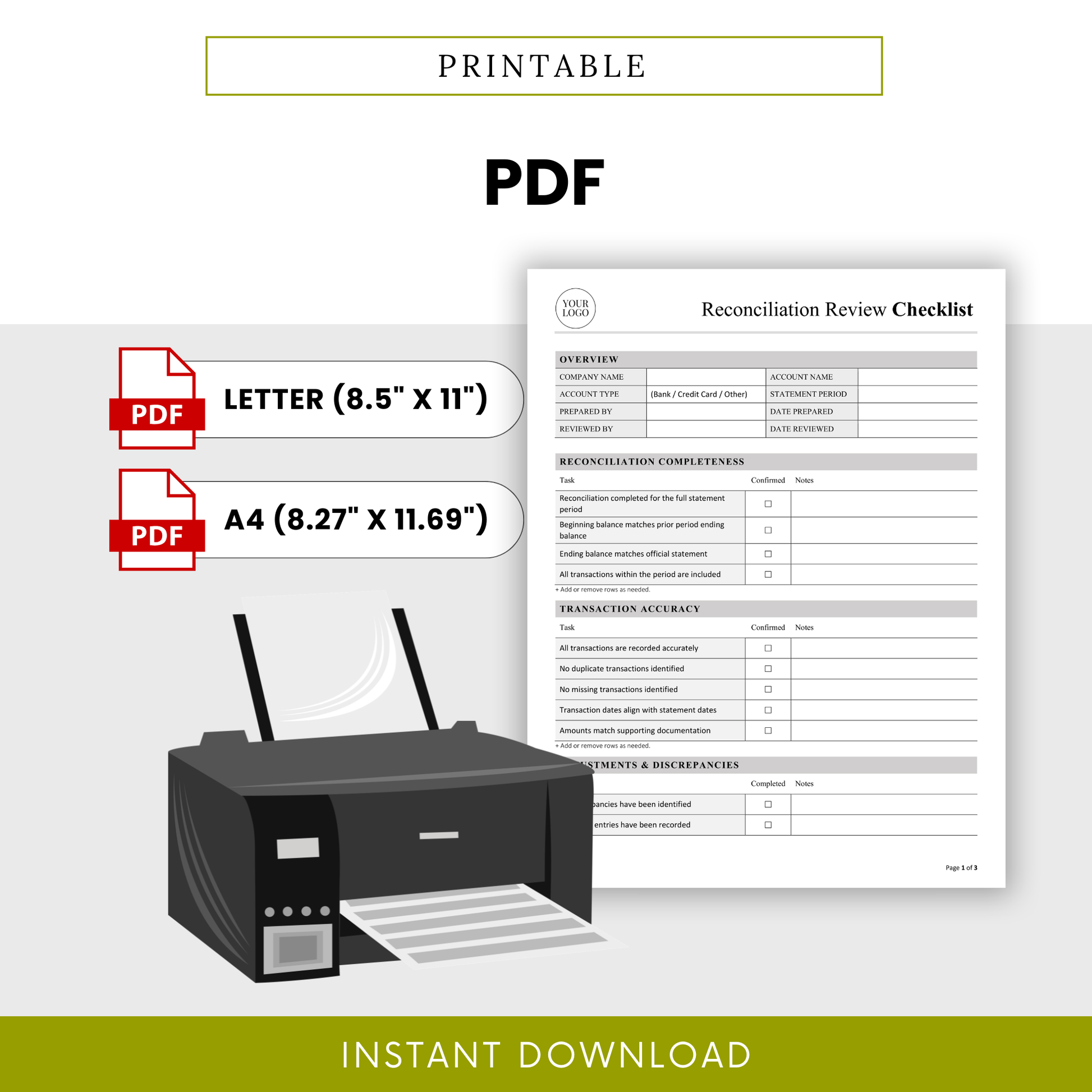 Printable reconciliation checklist PDF template with letter and A4 sizes, designed for financial audits, bookkeeping organization, and reconciliation tracking