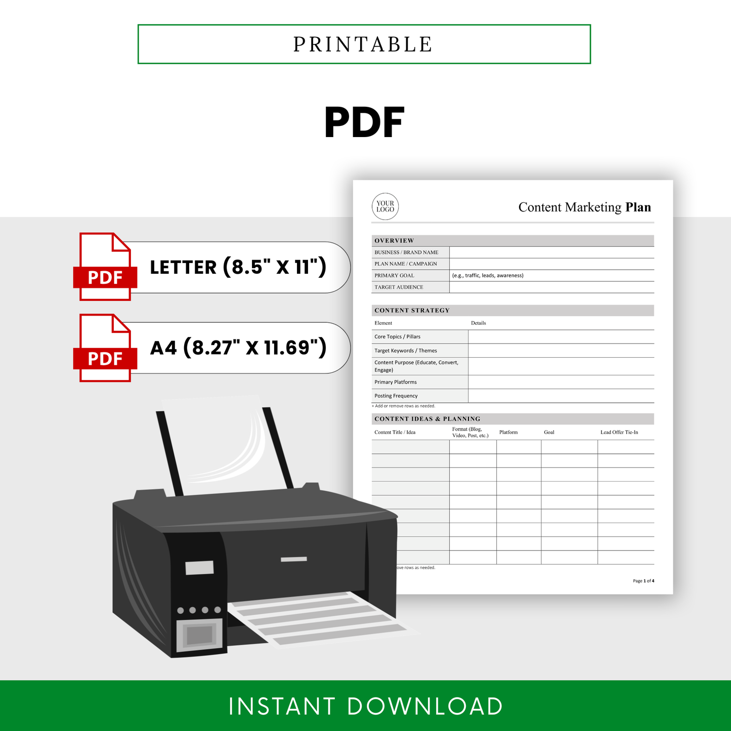 Content Marketing Plan Template PDF shown as a printable document with US Letter and A4 sizes, perfect for offline use and planning. This simple Content Marketing Plan Template is great for entrepreneurs and teams who prefer a clean, printable business template.