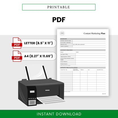 Content Marketing Plan Template PDF shown as a printable document with US Letter and A4 sizes, perfect for offline use and planning. This simple Content Marketing Plan Template is great for entrepreneurs and teams who prefer a clean, printable business template.