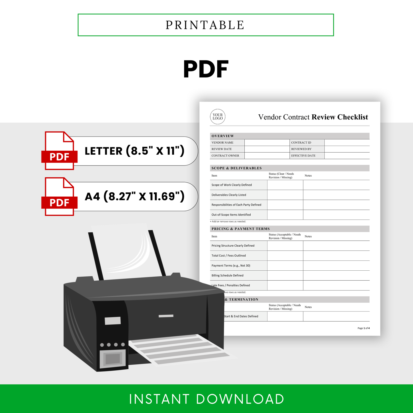 Vendor Contract Review Checklist Template PDF formatted for printing in US Letter and A4 sizes with a clean layout. This printable business template is perfect for offline use, contract meetings, and organized document reviews.