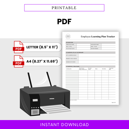 Printable employee learning plan tracker template shown as PDF format, designed for easy printing in letter and A4 sizes for employee training and development tracking