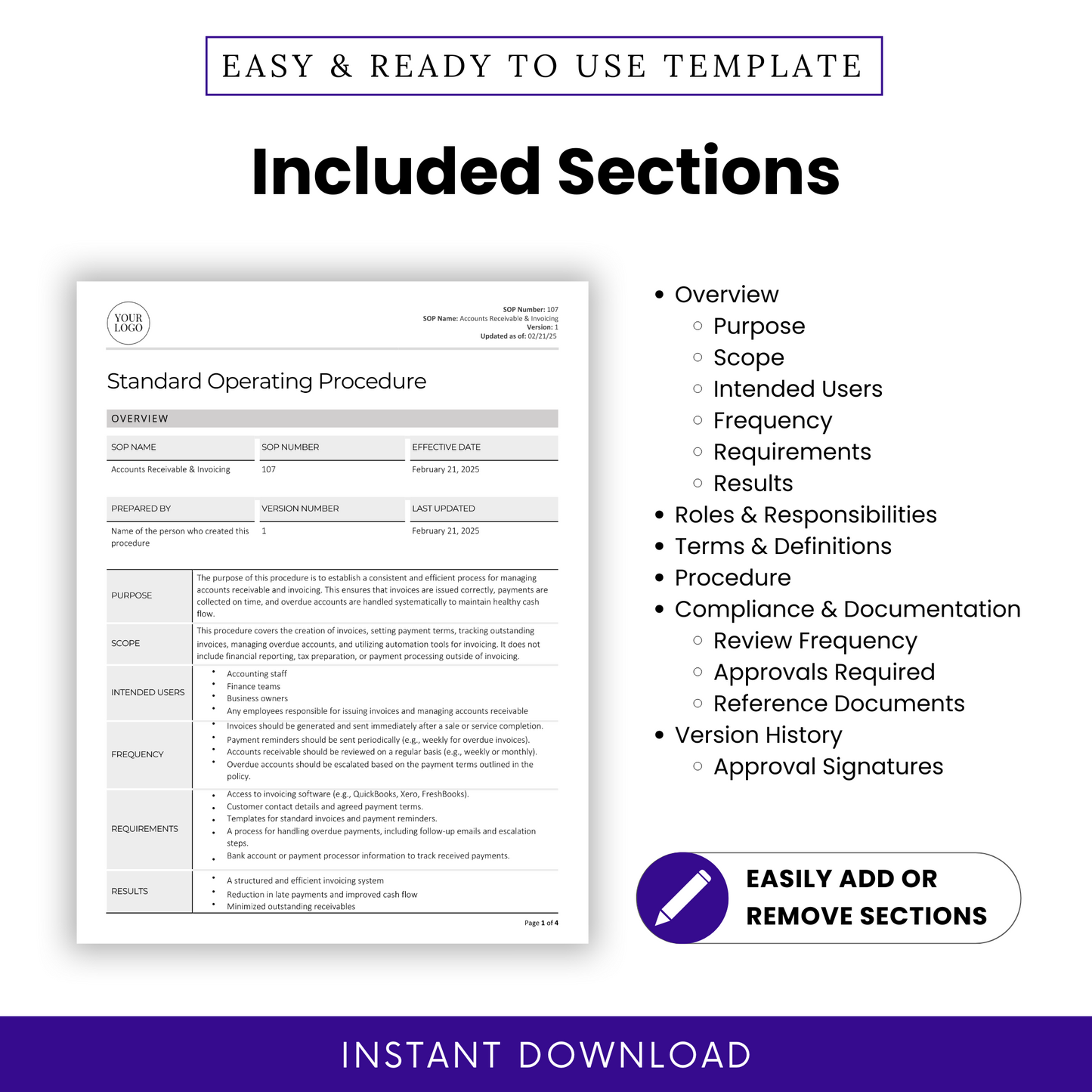 Accounts Receivable & Invoicing SOP Template (Word & PDF) – Simple Standard Operating Procedure Template