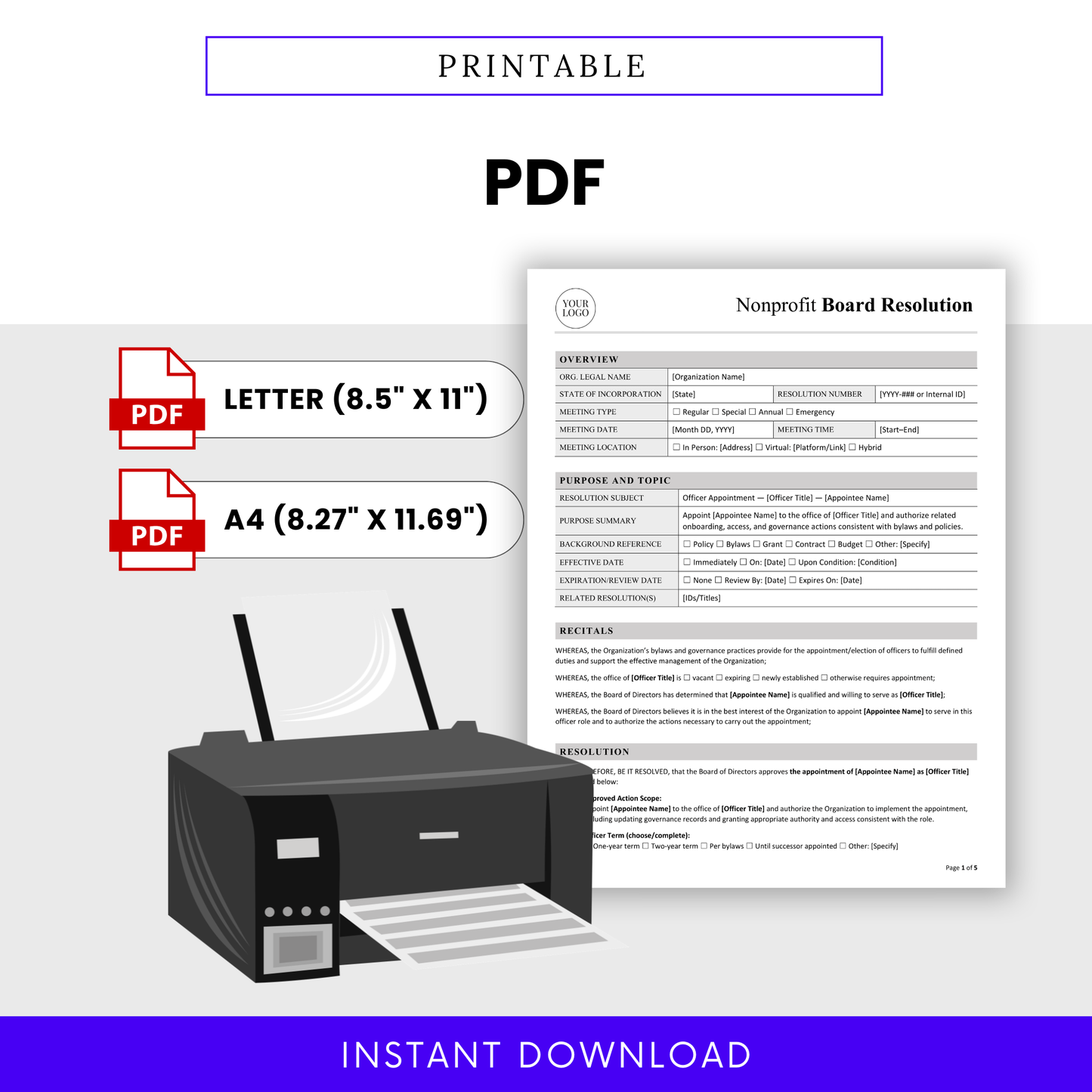 Printable nonprofit board resolution template in PDF format with US Letter and A4 sizes, ready for printing, signing, and official board documentation and recordkeeping