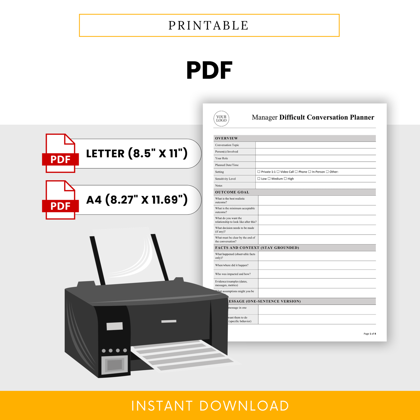 Printable manager difficult conversation planner PDF template in US Letter and A4 sizes with clean layout, ideal for HR documentation and employee performance discussions