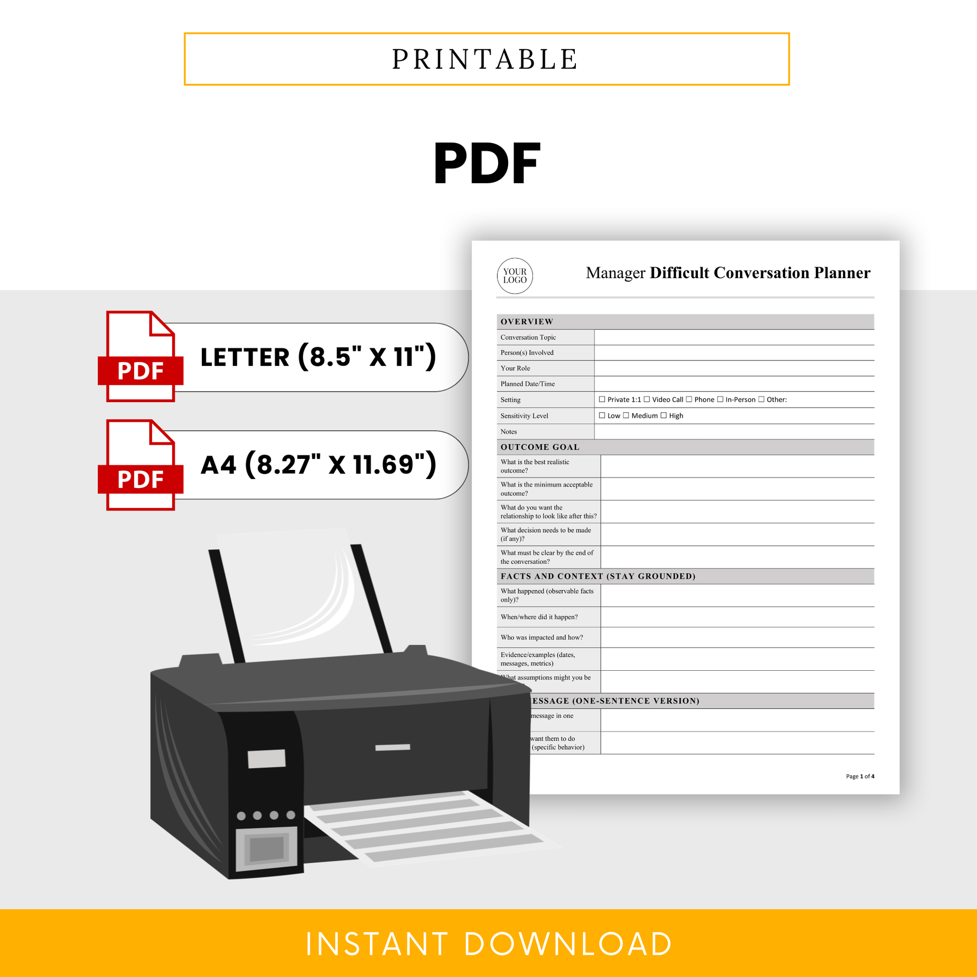 Printable manager difficult conversation planner PDF template in US Letter and A4 sizes with clean layout, ideal for HR documentation and employee performance discussions