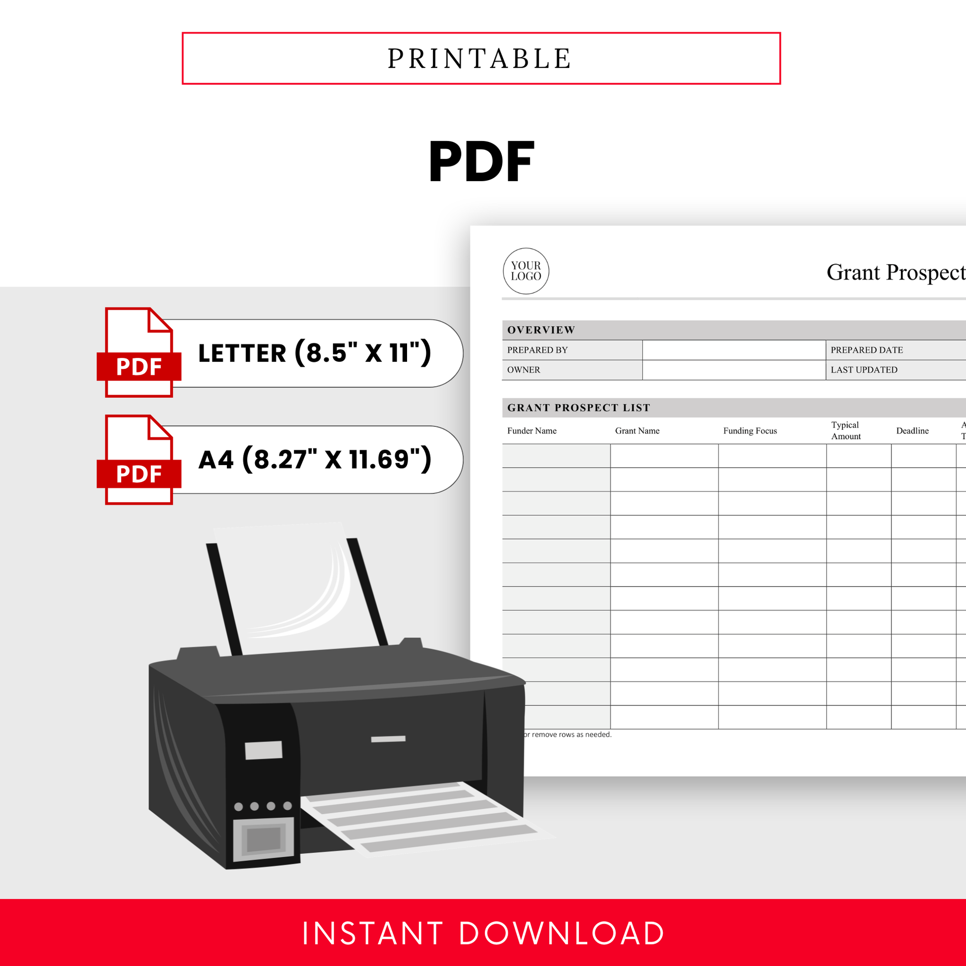 Grant Prospect Research Tracker Template PDF version shown as a printable document for easy use. This printable grant management template is ideal for professionals who prefer hard copies or need a ready-to-use format for meetings and planning.