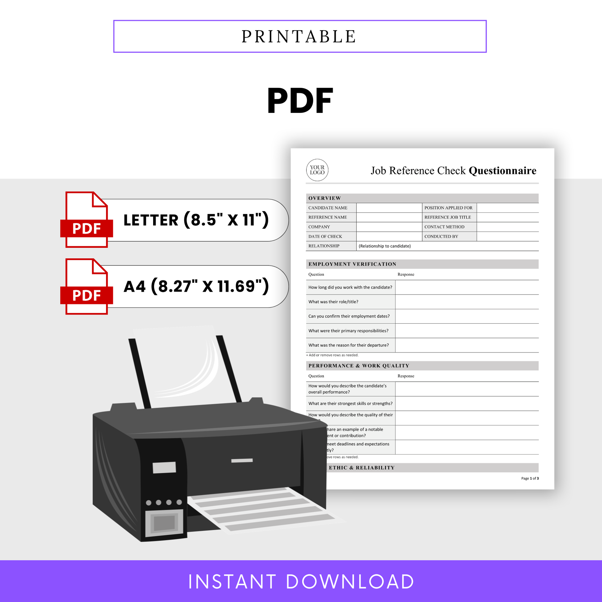 Printable Job Reference Check Template PDF designed for easy printing in Letter and A4 sizes, perfect for in-person interviews and documentation. This editable Job Reference Check Questionnaire Template supports efficient hiring processes for teams and small businesses.