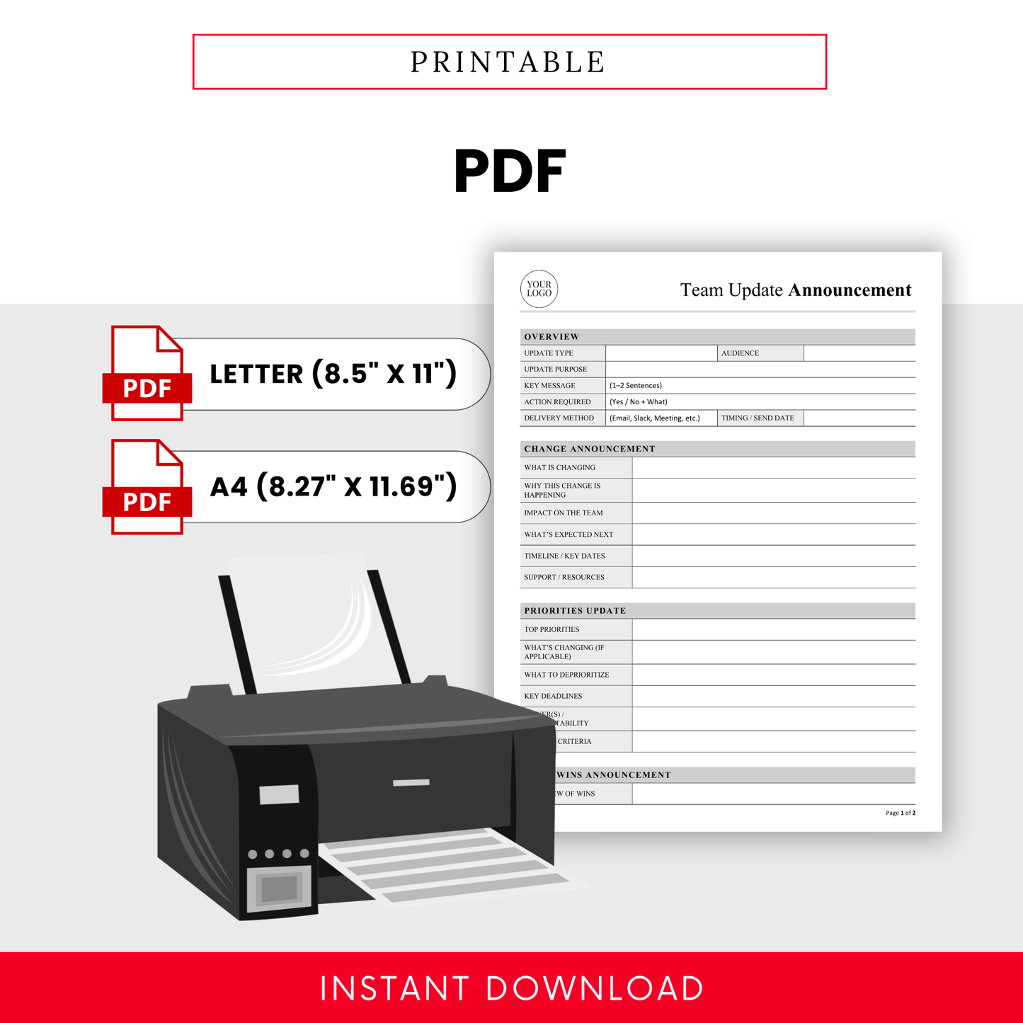 Printable PDF Team Update template with Letter and A4 sizes, featuring a printer illustration and a clean, professional document layout for easy printing and office use.
