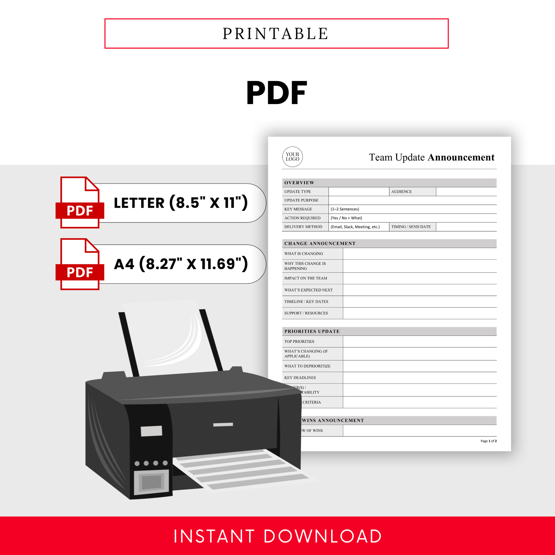 Printable PDF Team Update template with Letter and A4 sizes, featuring a printer illustration and a clean, professional document layout for easy printing and office use.