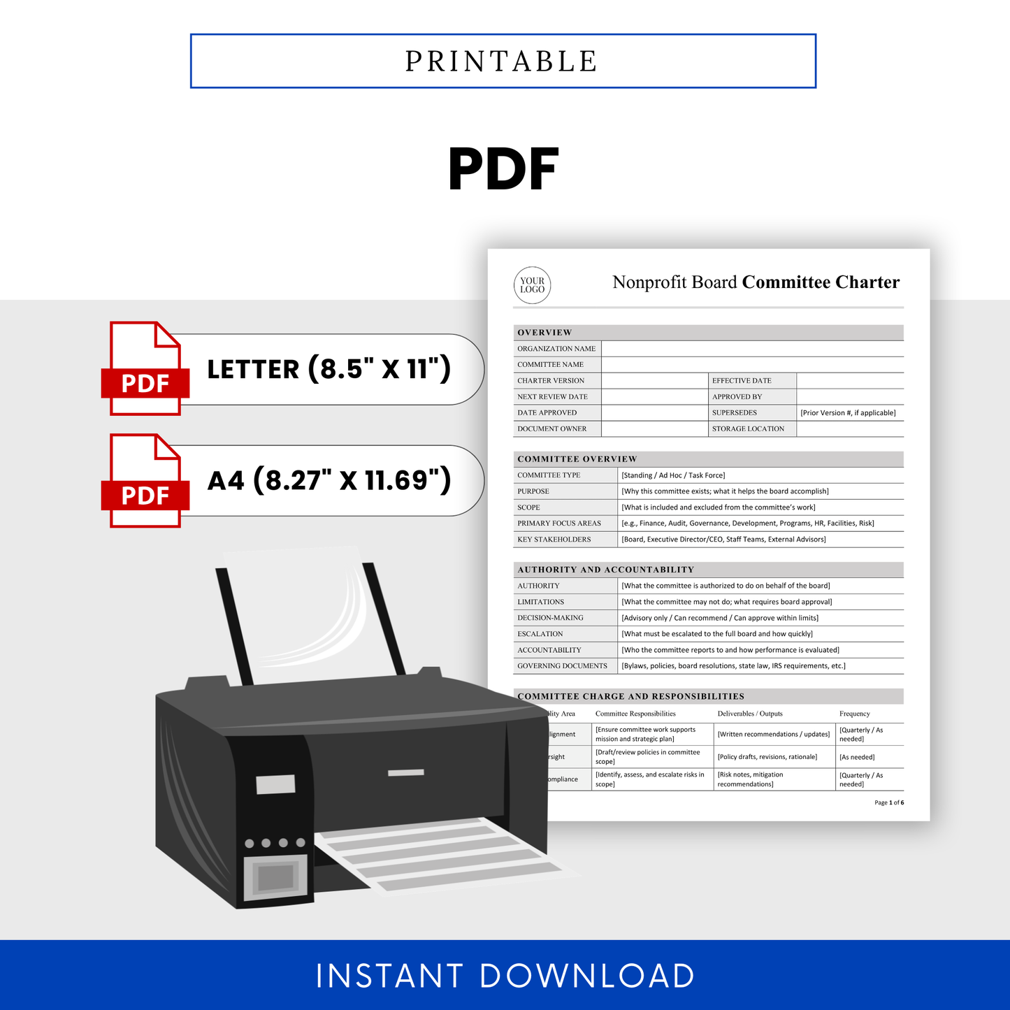 Printable nonprofit board committee charter PDF template in Letter and A4 sizes, ready for immediate download and professional board documentation