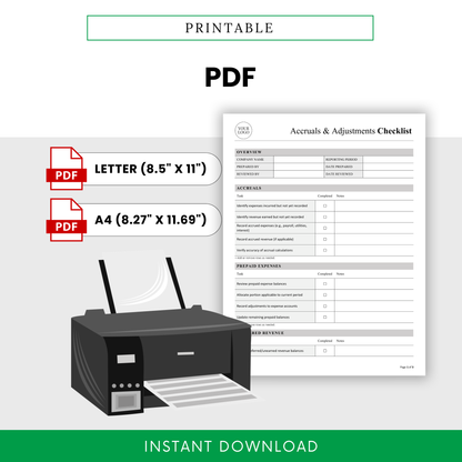Printable PDF accounting checklist template with letter and A4 sizes, easy-to-use financial checklist for month-end close and adjustments