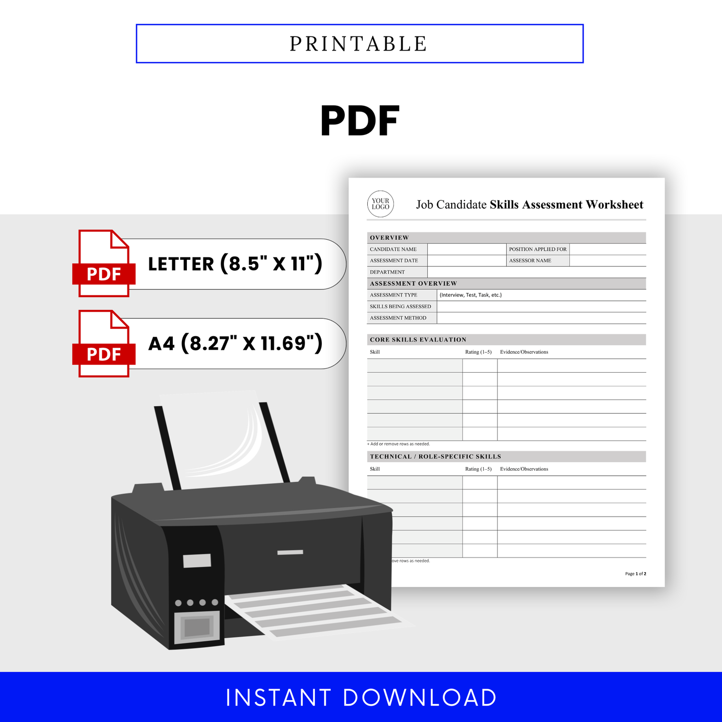 Printable PDF version of the job candidate skills assessment worksheet shown alongside a printer illustration, highlighting ready-to-print formatting in both US Letter and A4 sizes