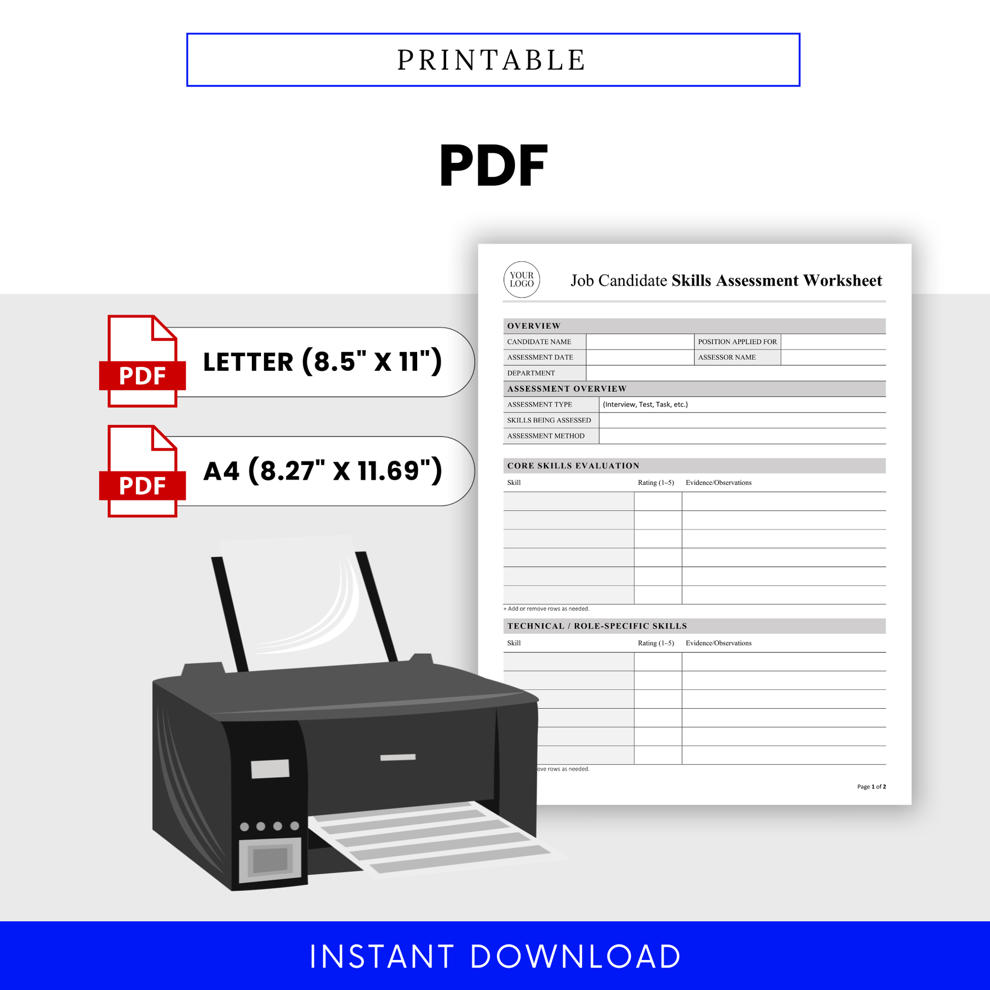 Printable PDF version of the job candidate skills assessment worksheet shown alongside a printer illustration, highlighting ready-to-print formatting in both US Letter and A4 sizes