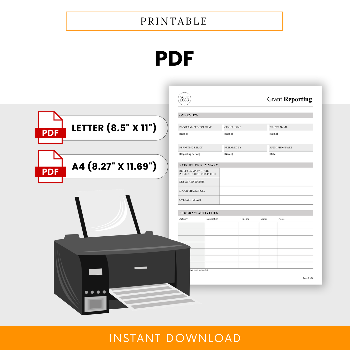Grant Reporting Template PDF displayed as a printable document in Letter and A4 sizes with clean formatting. This editable Grant Report Template is ideal for nonprofits, consultants, and organizations needing a ready-to-print reporting solution.