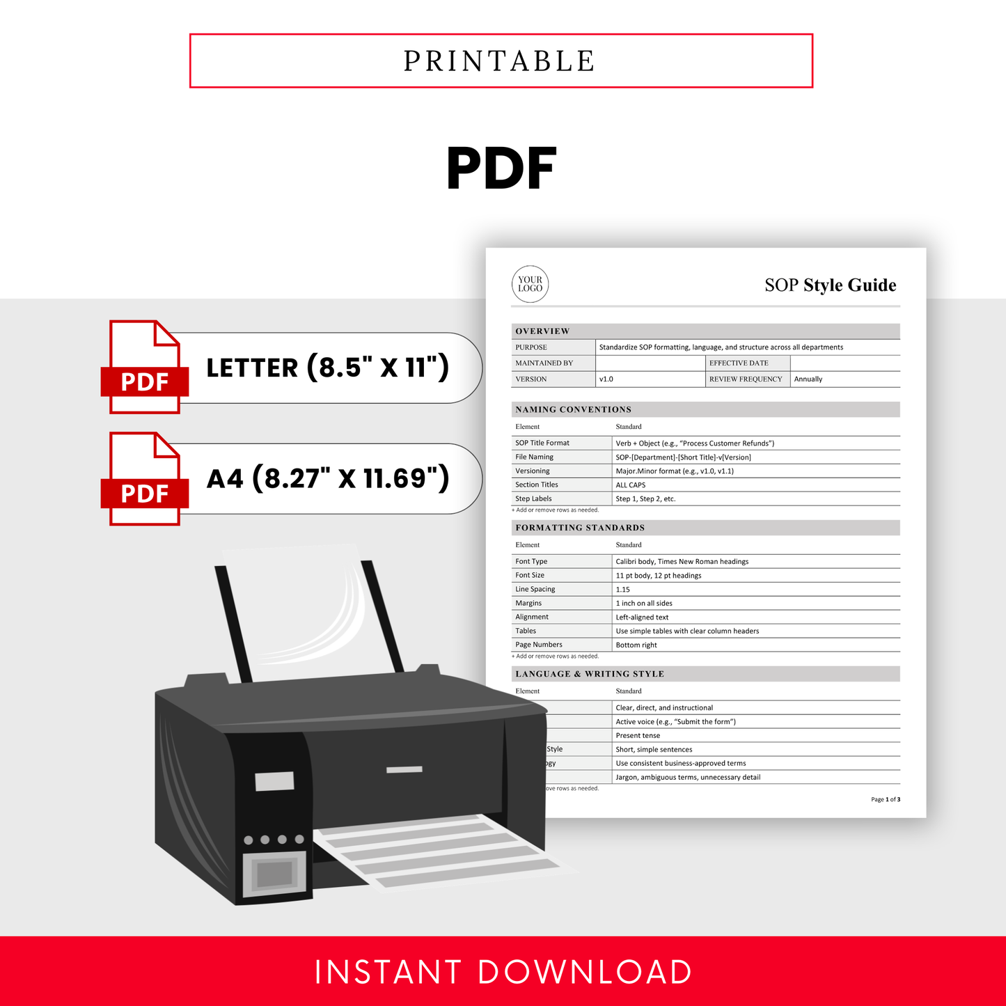 Printable SOP template in PDF format with letter and A4 sizes, clean professional layout, ready for printing and business documentation use