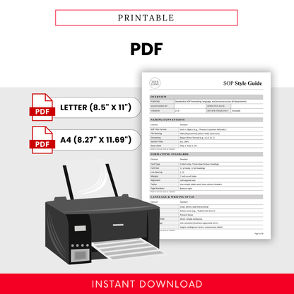 Printable SOP template in PDF format with letter and A4 sizes, clean professional layout, ready for printing and business documentation use