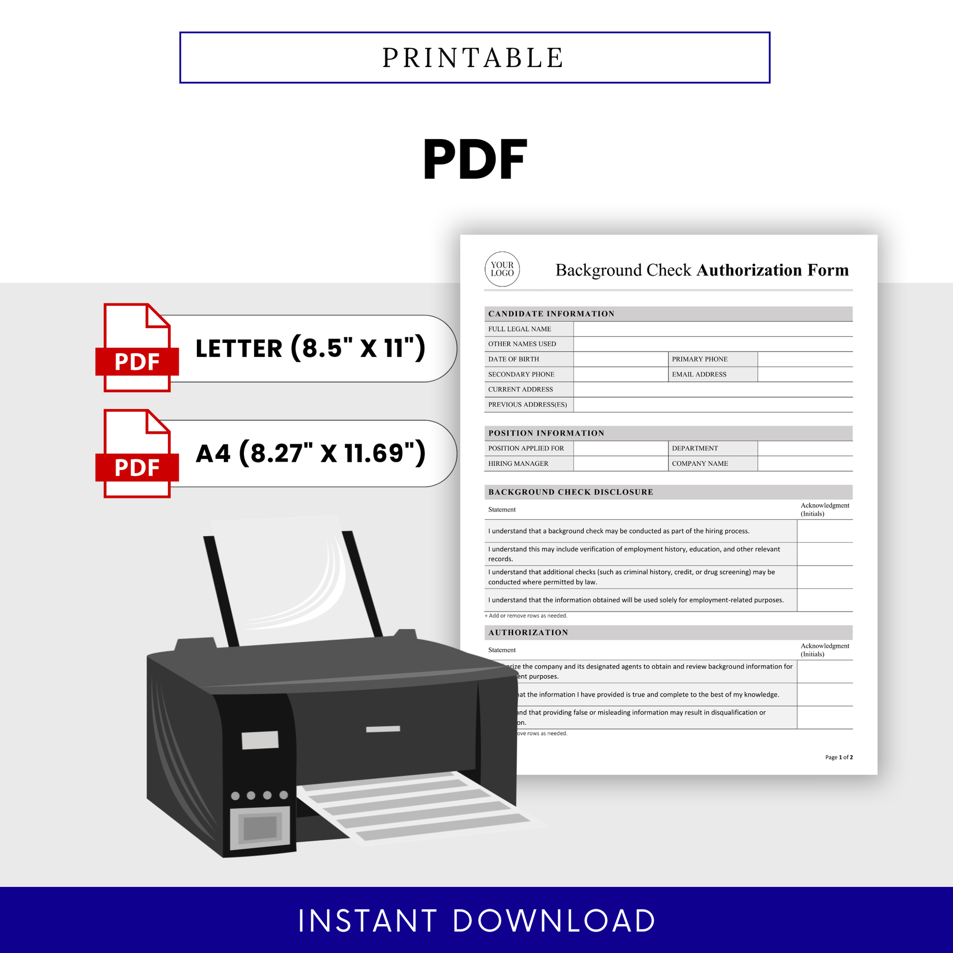 Background Check Authorization Form Template PDF shown as a printable document with Letter and A4 formats, ready for immediate use. This professional Background Check Authorization Form PDF is ideal for businesses needing quick, print-ready hiring forms.