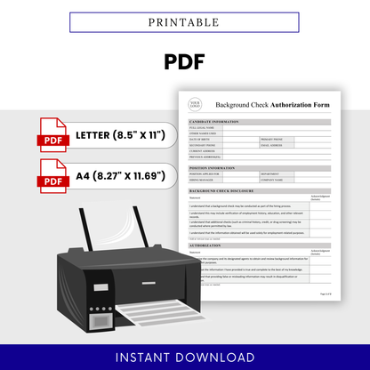 Background Check Authorization Form Template PDF shown as a printable document with Letter and A4 formats, ready for immediate use. This professional Background Check Authorization Form PDF is ideal for businesses needing quick, print-ready hiring forms.