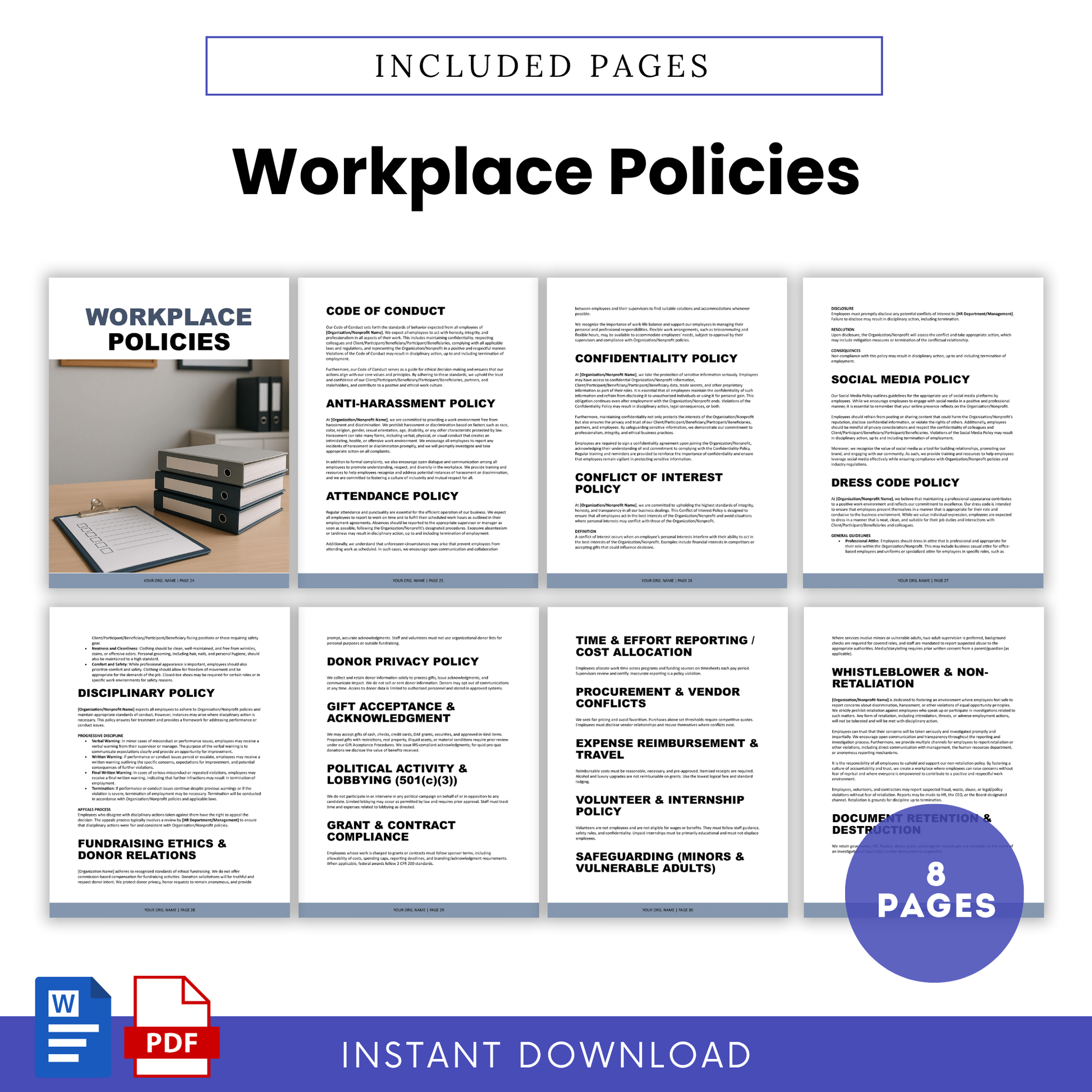 Detailed workplace policies section covering code of conduct, attendance, anti-harassment rules, and essential HR guidelines for nonprofits