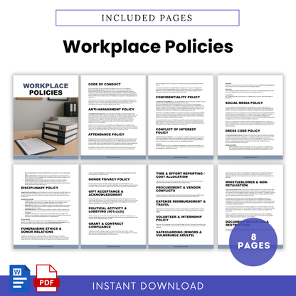 Detailed workplace policies section covering code of conduct, attendance, anti-harassment rules, and essential HR guidelines for nonprofits