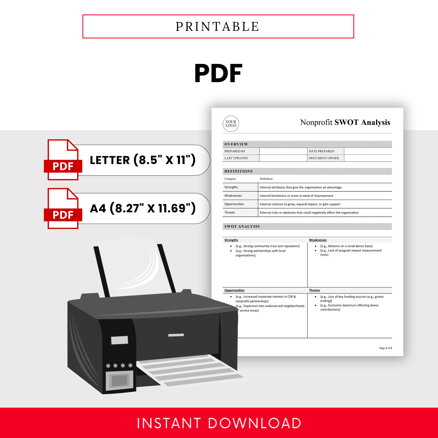 Printable nonprofit SWOT analysis template in PDF format with Letter and A4 sizes, clean layout, and ready-to-print design for meetings and planning sessions