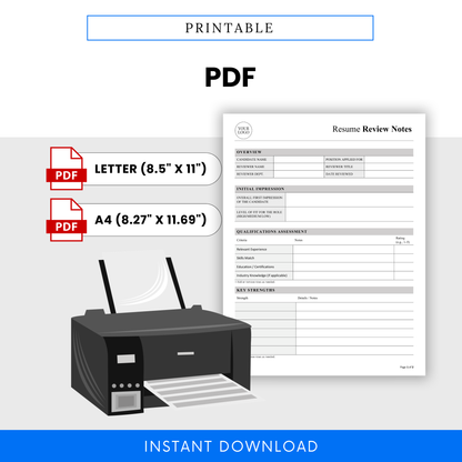 Printable resume review notes template PDF format, letter and A4 sizes, HR hiring checklist, candidate evaluation worksheet, recruiter printable form for interviews