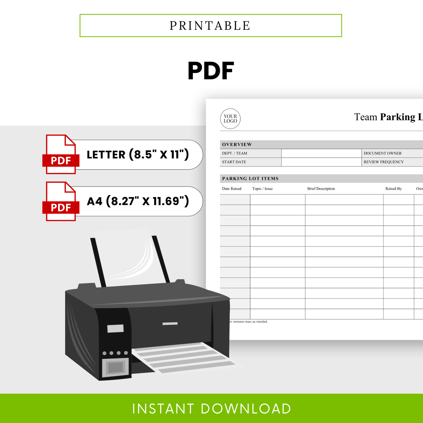 Printable PDF team parking lot and decisions log template in Letter and A4 sizes, ideal for meeting organization, action tracking, and team accountability
