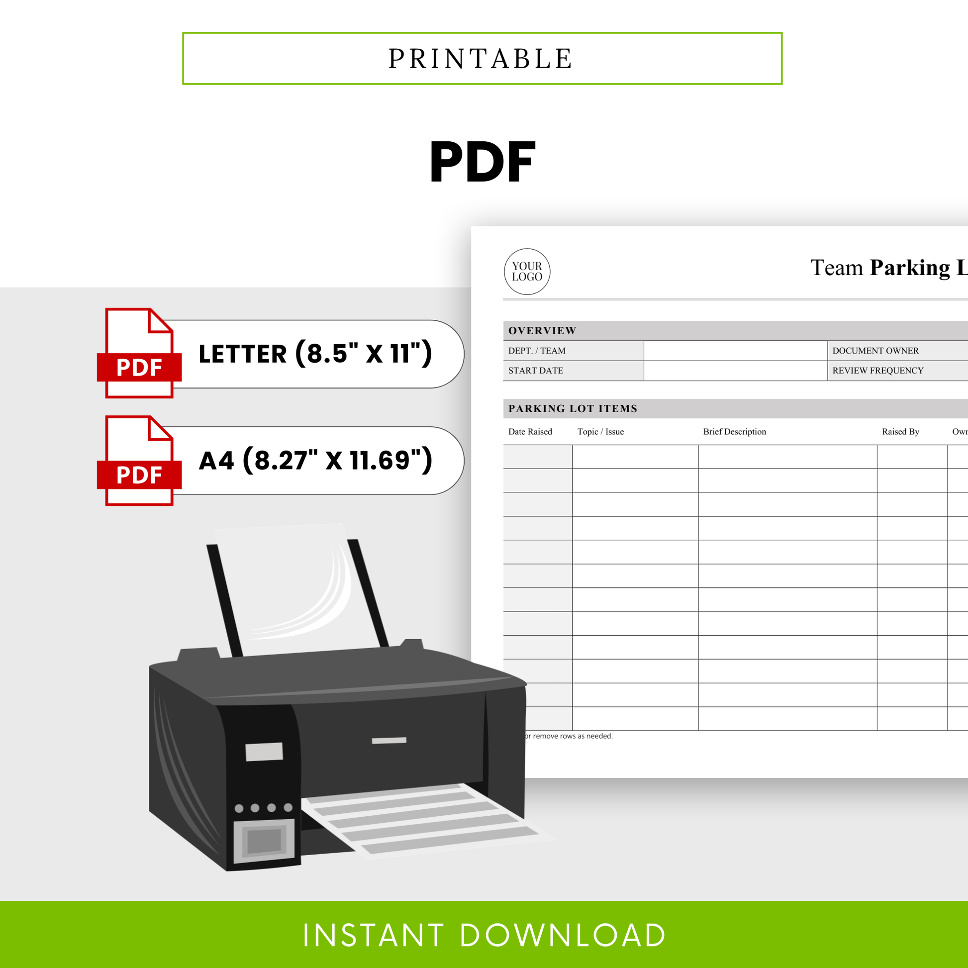 Printable PDF team parking lot and decisions log template in Letter and A4 sizes, ideal for meeting organization, action tracking, and team accountability