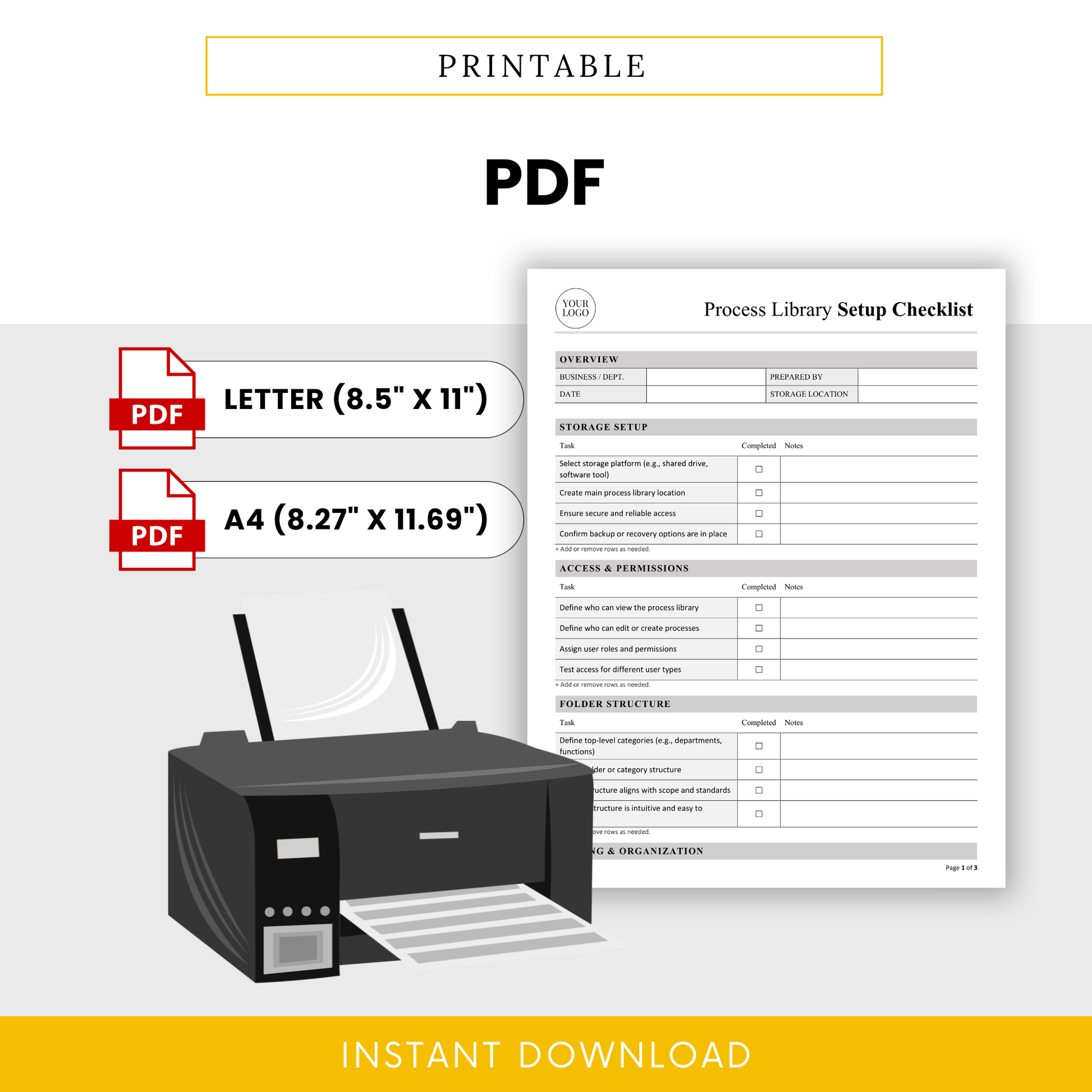 Printable process library checklist PDF template with letter and A4 sizes, business workflow document, SOP checklist for operations and process organization