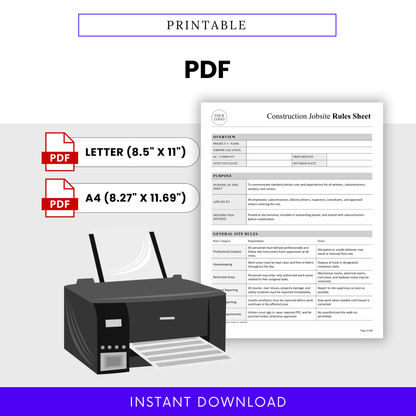 Printable construction jobsite rules sheet PDF template with letter and A4 sizes, ready-to-print contractor safety document for jobsite use and compliance