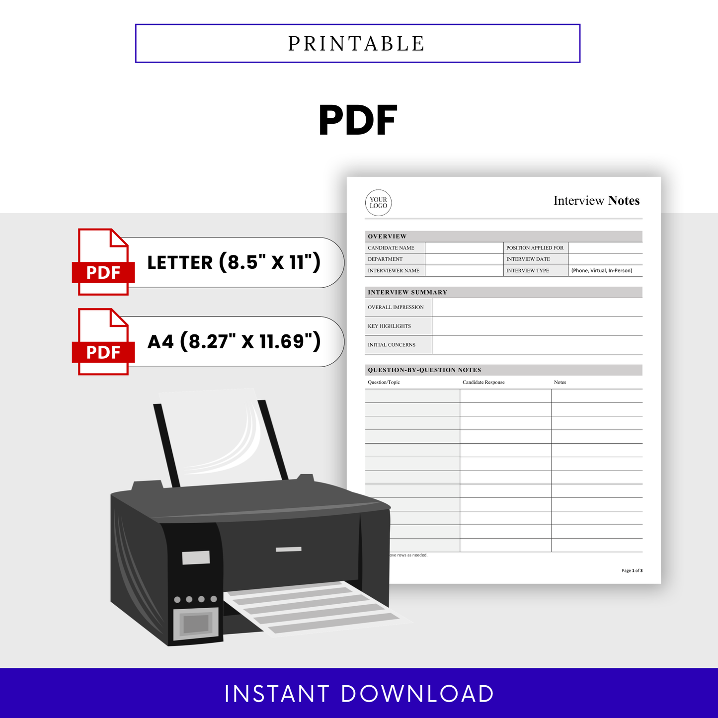 Printable interview notes template PDF format, hiring worksheet ready to print, recruiter evaluation form, letter and A4 sizes