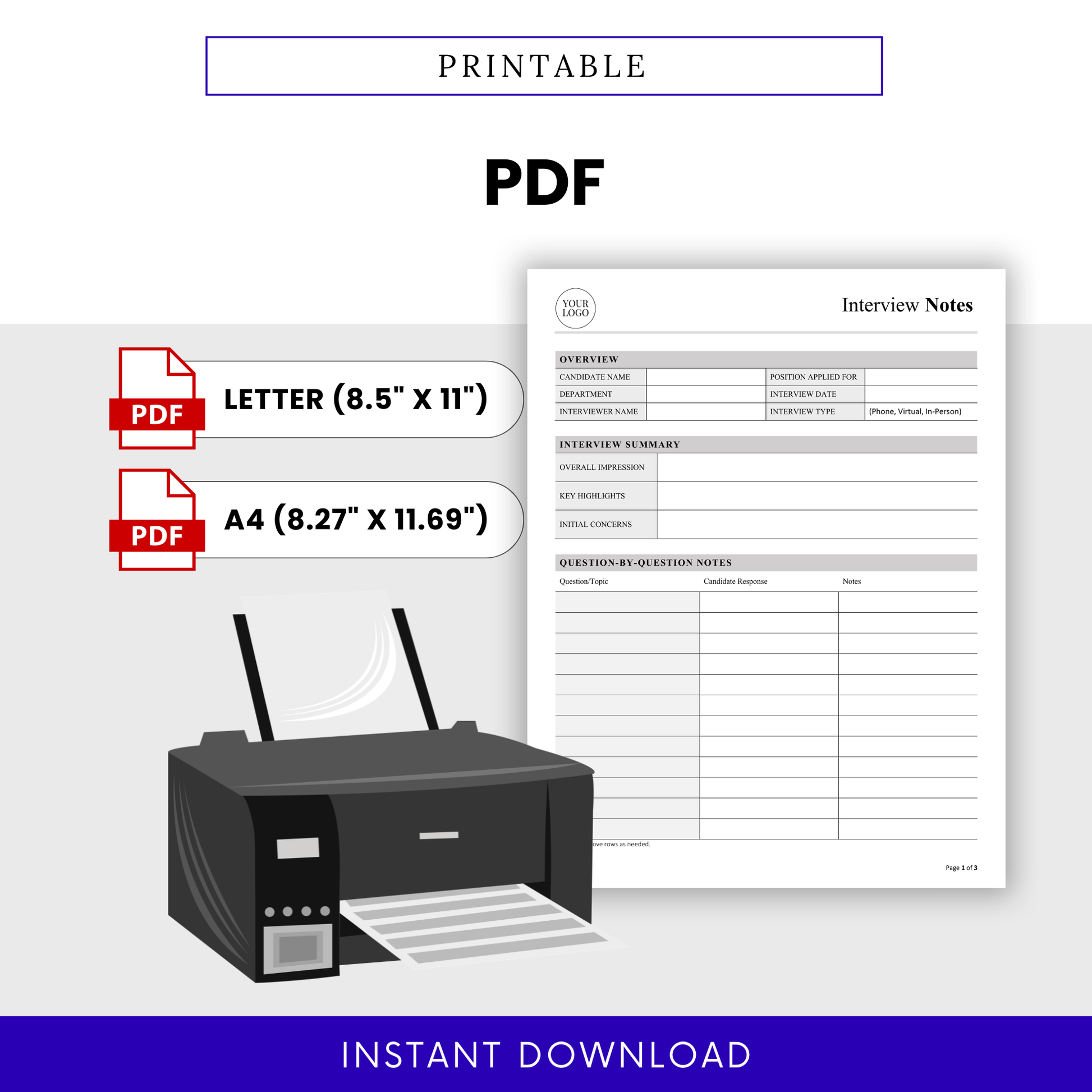 Printable interview notes template PDF format, hiring worksheet ready to print, recruiter evaluation form, letter and A4 sizes